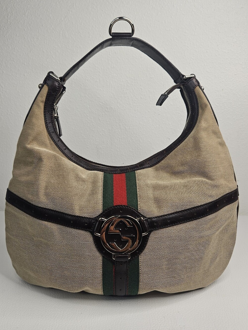 Authentic Gucci Britt Web Hobo Bag Beige Canvas & Brown Leather